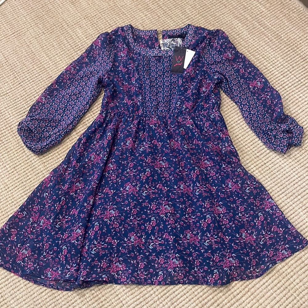 NWT W Girl Dress Girls size L Navy Blue Wild Berry Floral Elastic Waist Lined